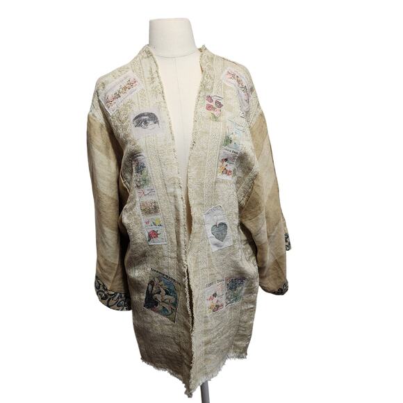 One-of-a-Kind Upcycled Linen Kimono – Handcrafted with Vintage Appliqué - Picture 1 of 13